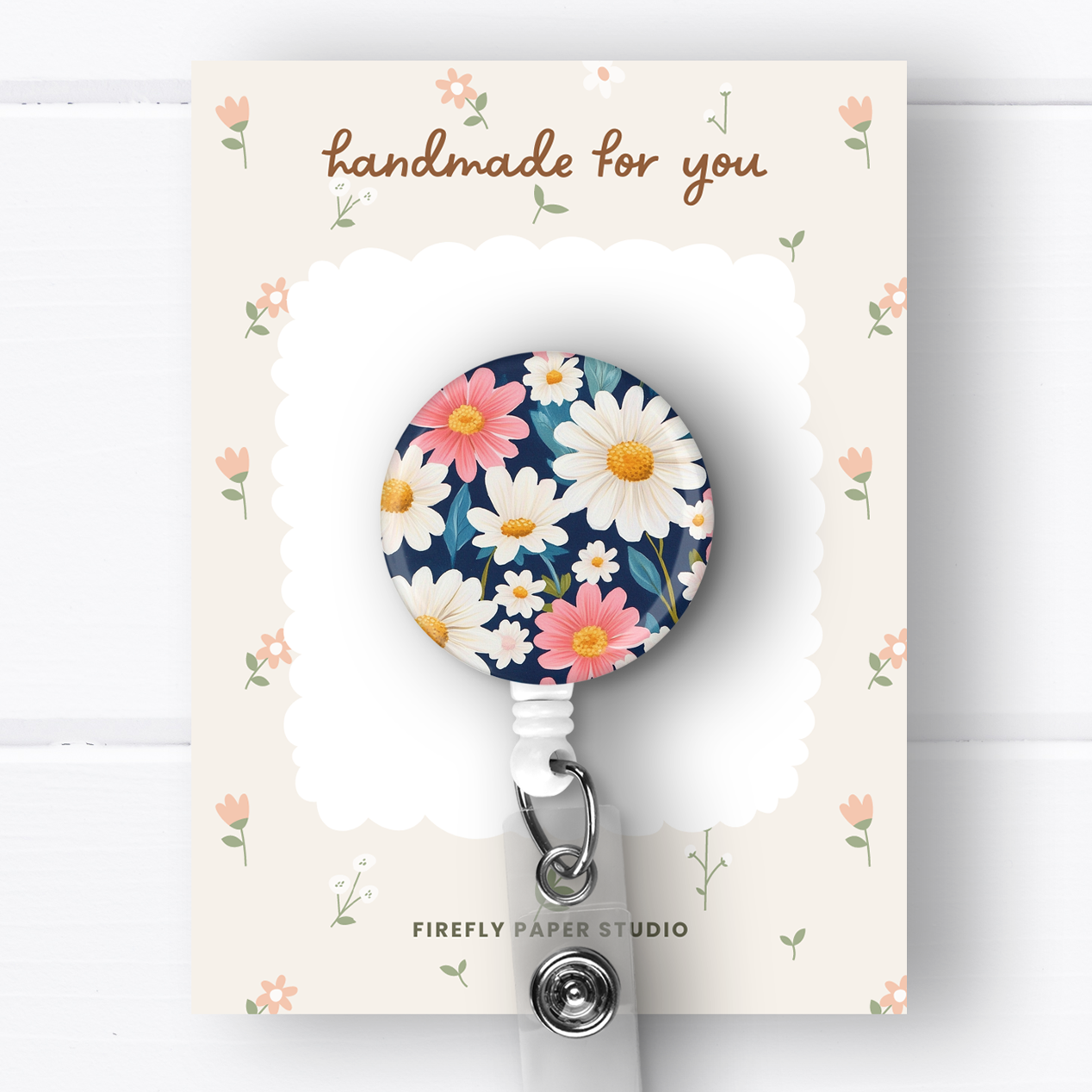 Navy, Pink & White Daisies Badge Reel