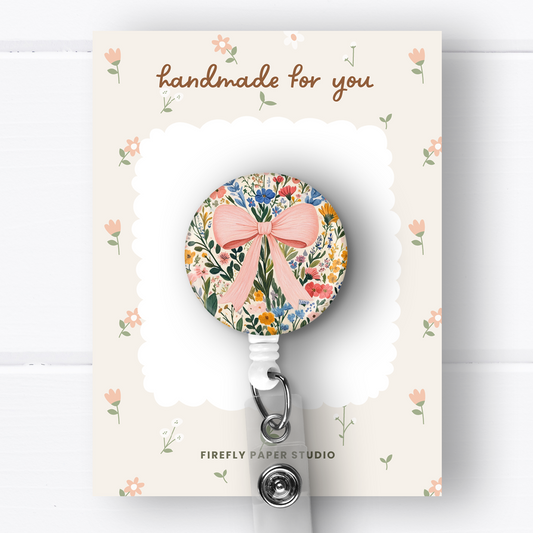 Floral Pink Bow Badge Reel