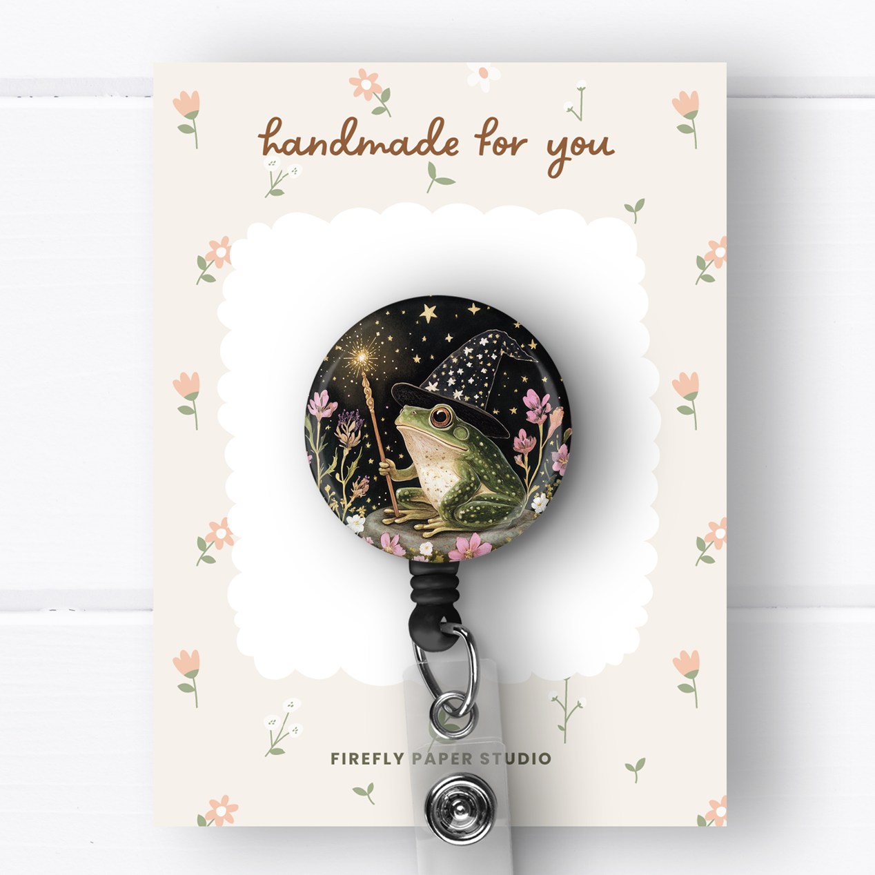 Floral Frog Wizard Badge Reel