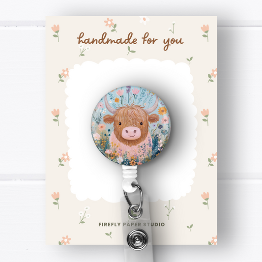 Blue Highland Cow Badge Reel