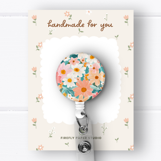 Coral & Aqua Floral Badge Reel