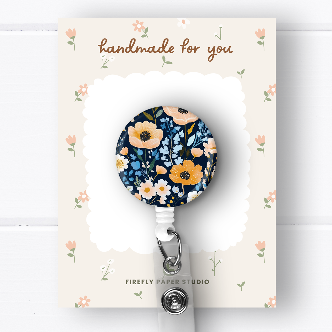 Navy Blue Floral Badge Reel